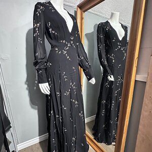 NWT Reformation Black Floral Open Back Gown Size 6 Long Sleeve